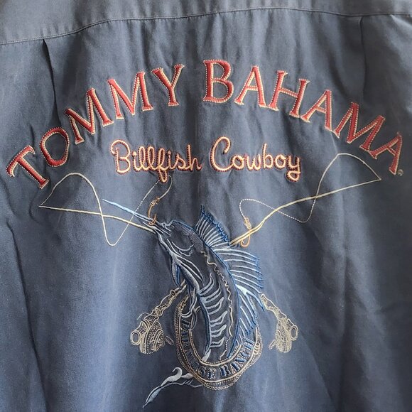 Tommy Bahama Shirt Mens Large Blue Silk Billfish Cowboy Embroidered Fishing - Picture 8 of 11